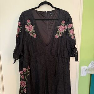 Torrid Black Dress with Pink and Green Floral Embroidery